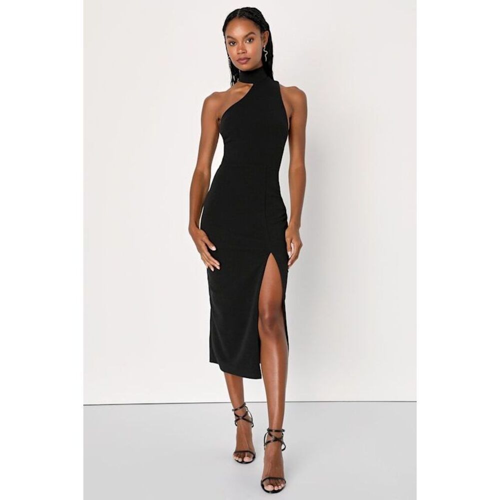 Lulus Keep It Interesting Black Asymmetrical Cutout Halter Midi Dress - Size L